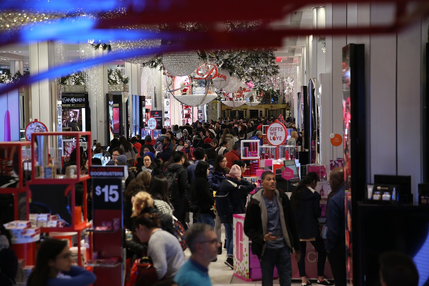 People shopping at a busy Macy's store on Black Friday in Midtown Manhattan on November 23, 2017 in New York, United States.