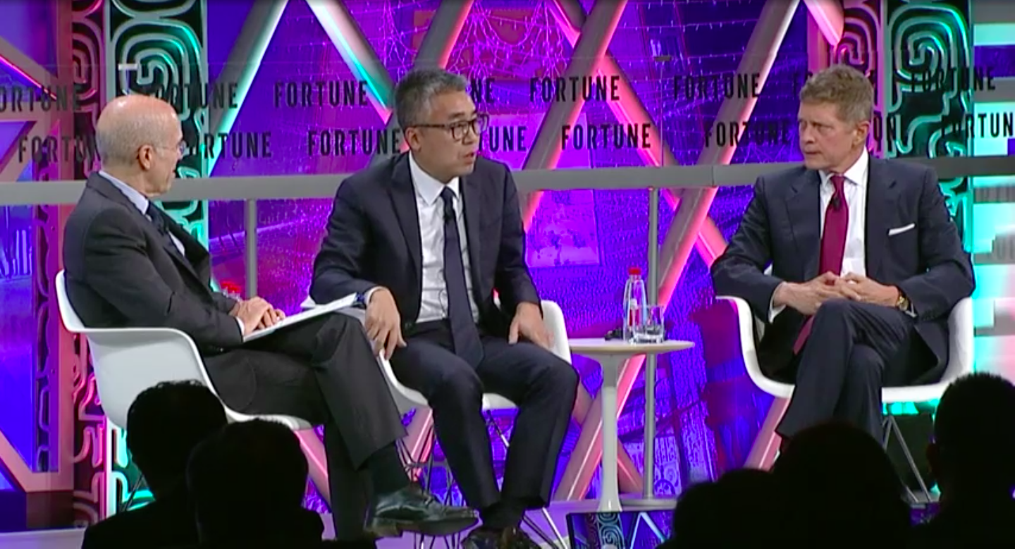 Jeffrey Katzenberg of WndrCo, Ruigang Li of China Media Capital, and Robert Simonds of STX Entertainment at the 2017 Coins2Day Global Forum in Guangzhou, China.