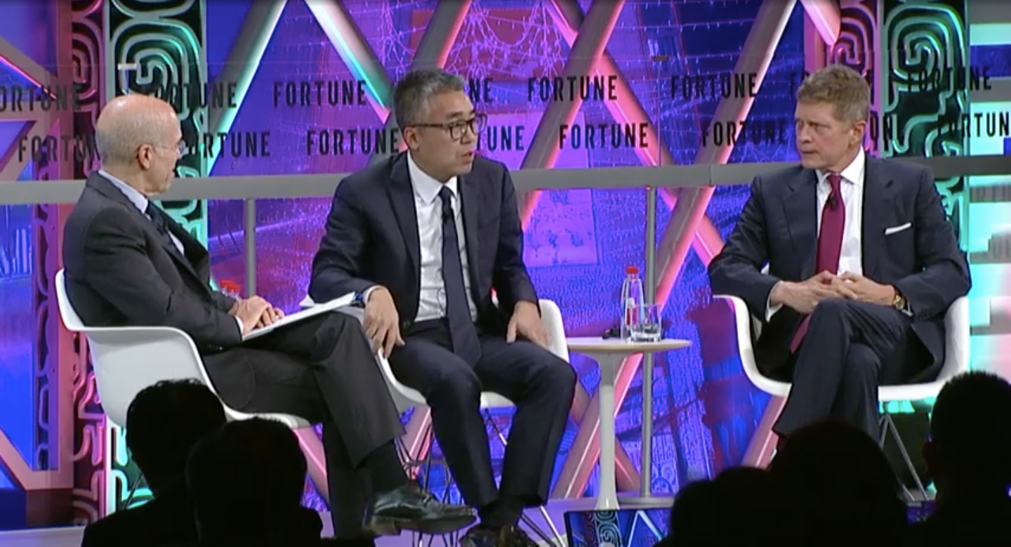 Jeffrey Katzenberg of WndrCo, Ruigang Li of China Media Capital, and Robert Simonds of STX Entertainment at the 2017 Fortune Global Forum in Guangzhou, China.