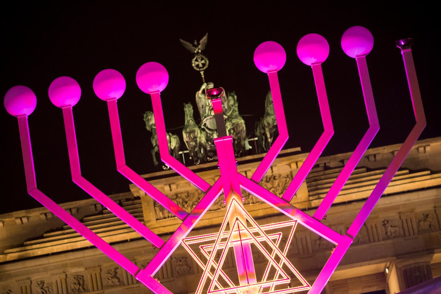 A pink Hanukkah menorah is pictured before a public lighting ceremony in front of Brandenburg Gate in Berlin, Germany on December 12, 2017.