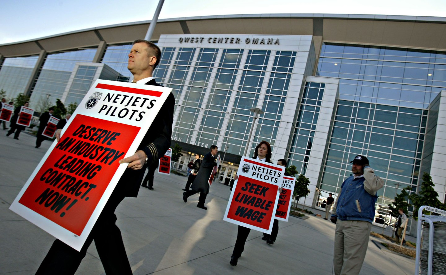 NetJet employees protesting outside Qwest Center in Omaha, Nebraska