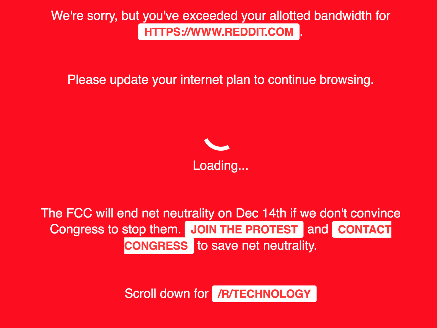 Reddit posted a message favoring net neutrality rules