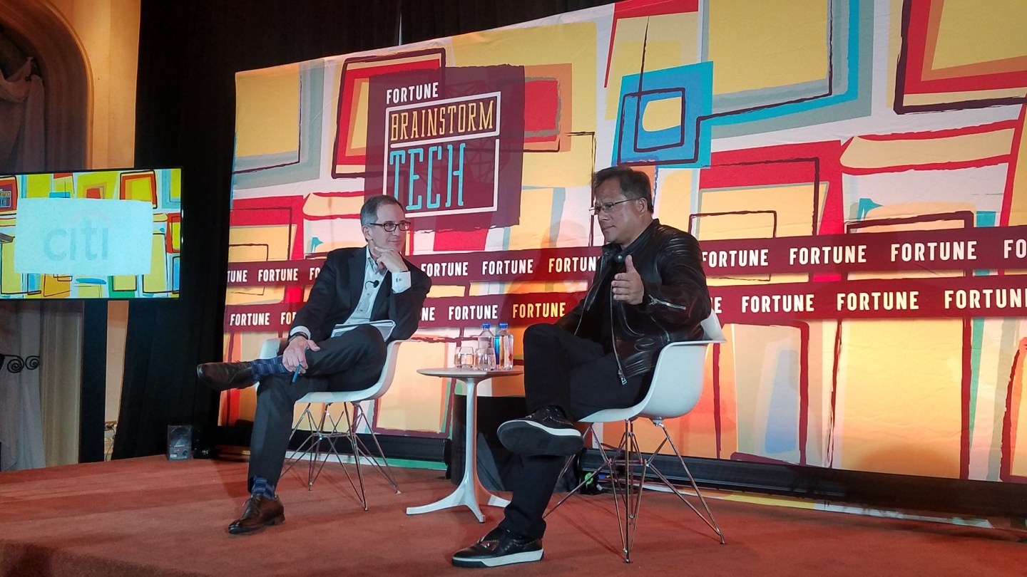Nvidia CEO Jensen Huang (right) with Fortune's Adam Lashinsky at the 2018 Fortune Brainstorm Tech dinner in Las Vegas.