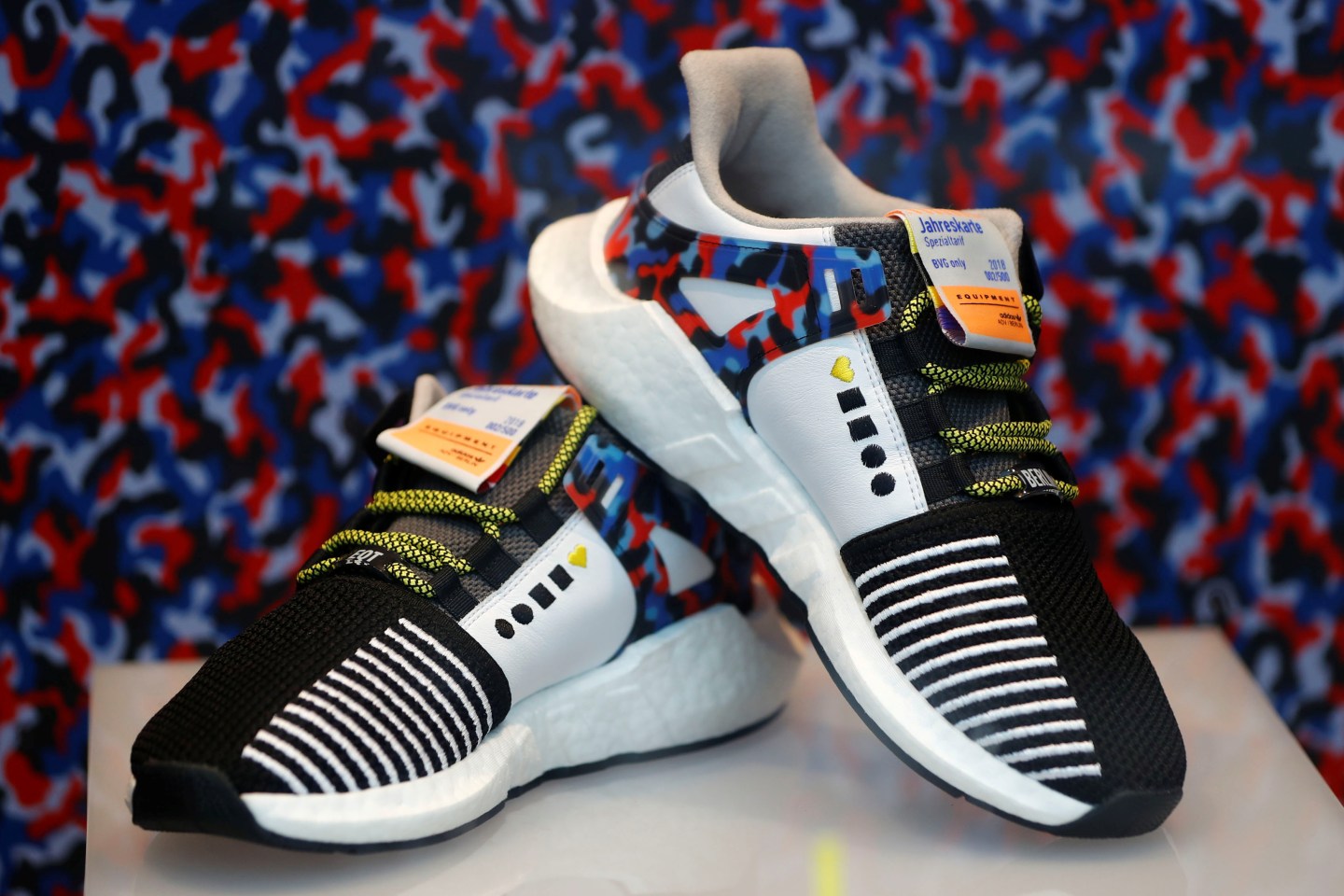 Adidas limited-edition sneakers that match the Berlin subway seat design are displayed in Berlin