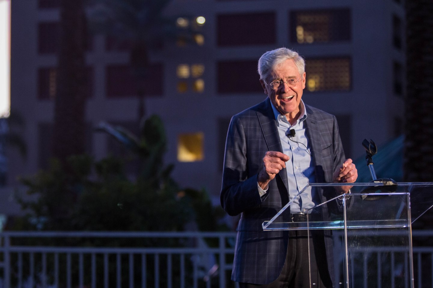 Charles Koch gives opening remarks at the Koch Seminar winter retreat in Indian Wells, California on January 27, 2018