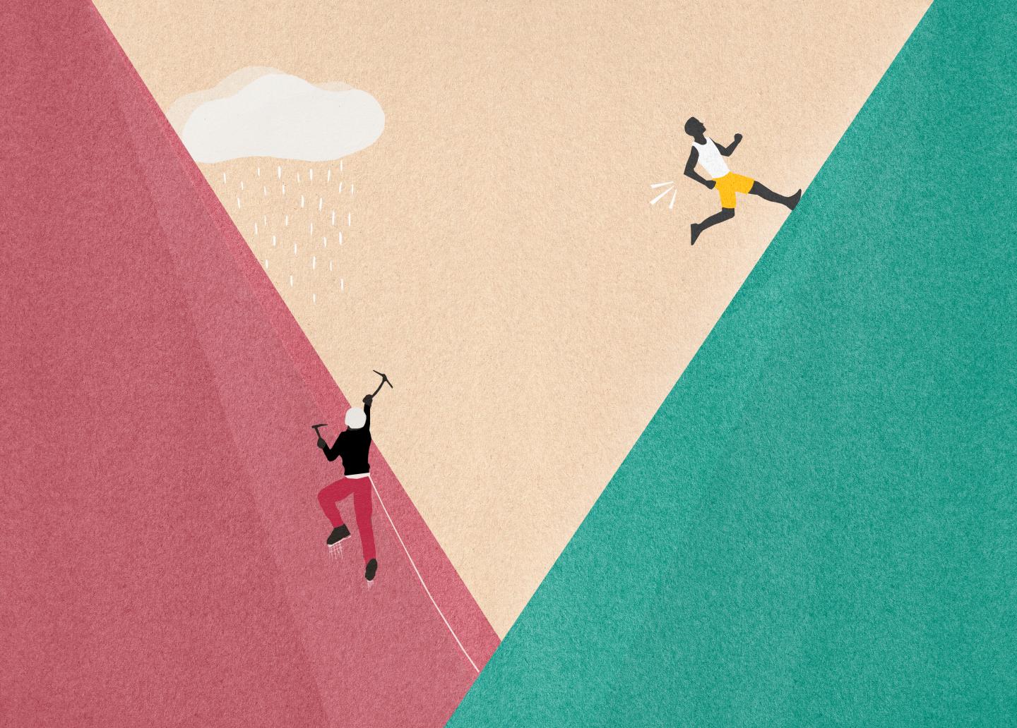 Runner ascending steep slope faster than mountain climber