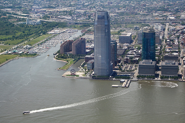 The Goldman Sachs Tower in Jersey City, New Jersey is seen from the One World Observatory at One Wor