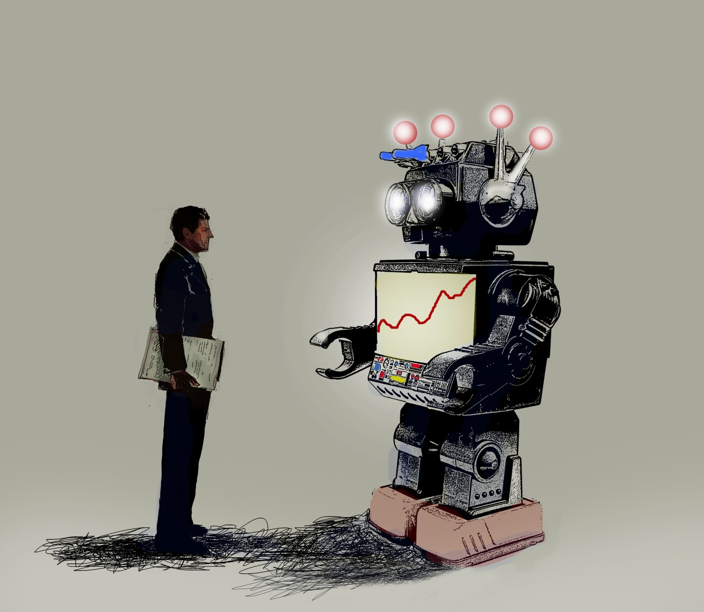 Businessman looking at line graph on robot display screen