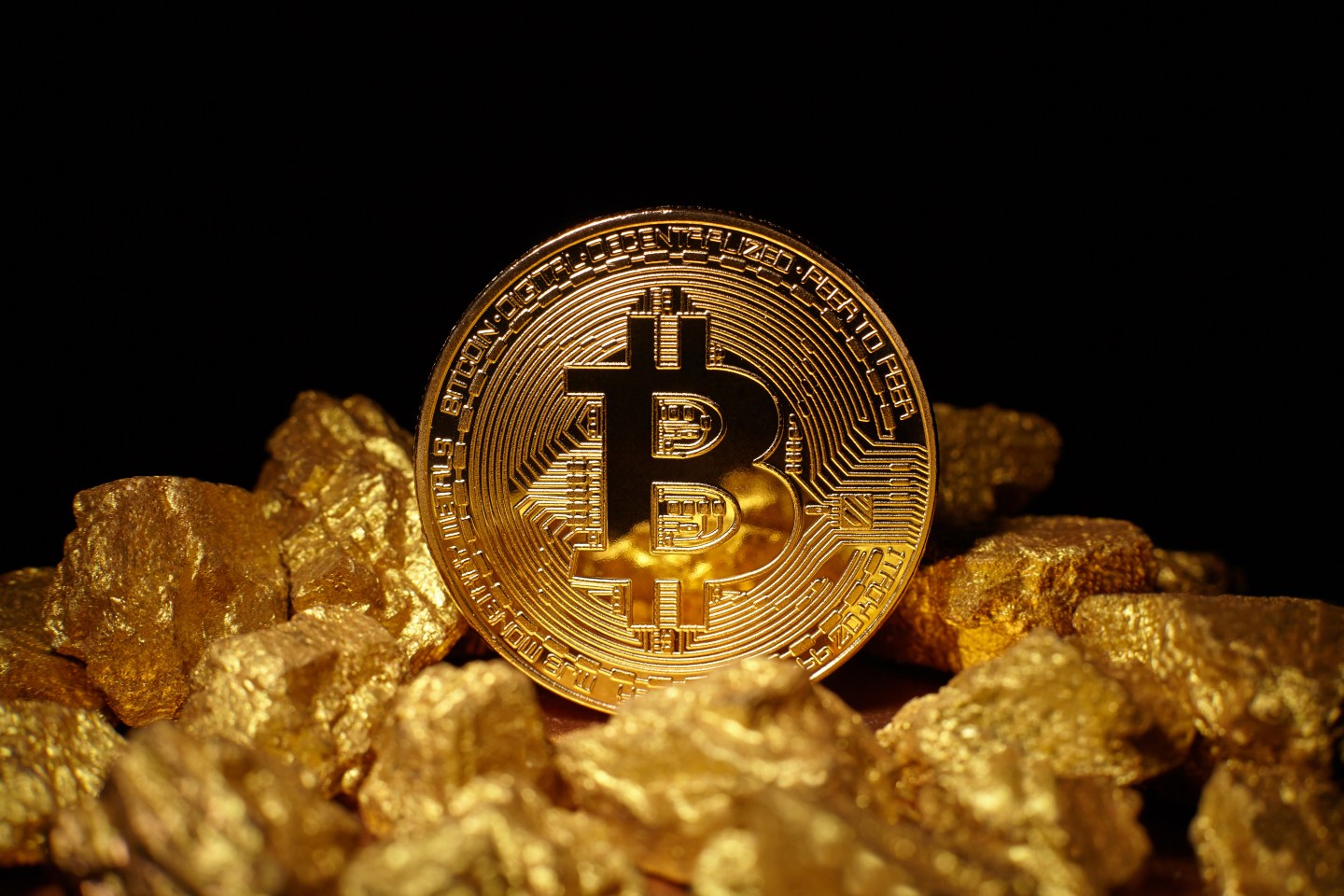 Golden Bitcoin Coin and mound of gold