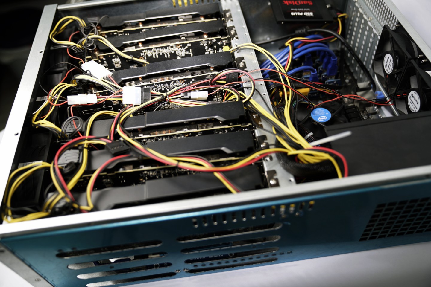 A Cryptocurrency Mining Rig at Open Computing Pte Director Wilson Josup's Office