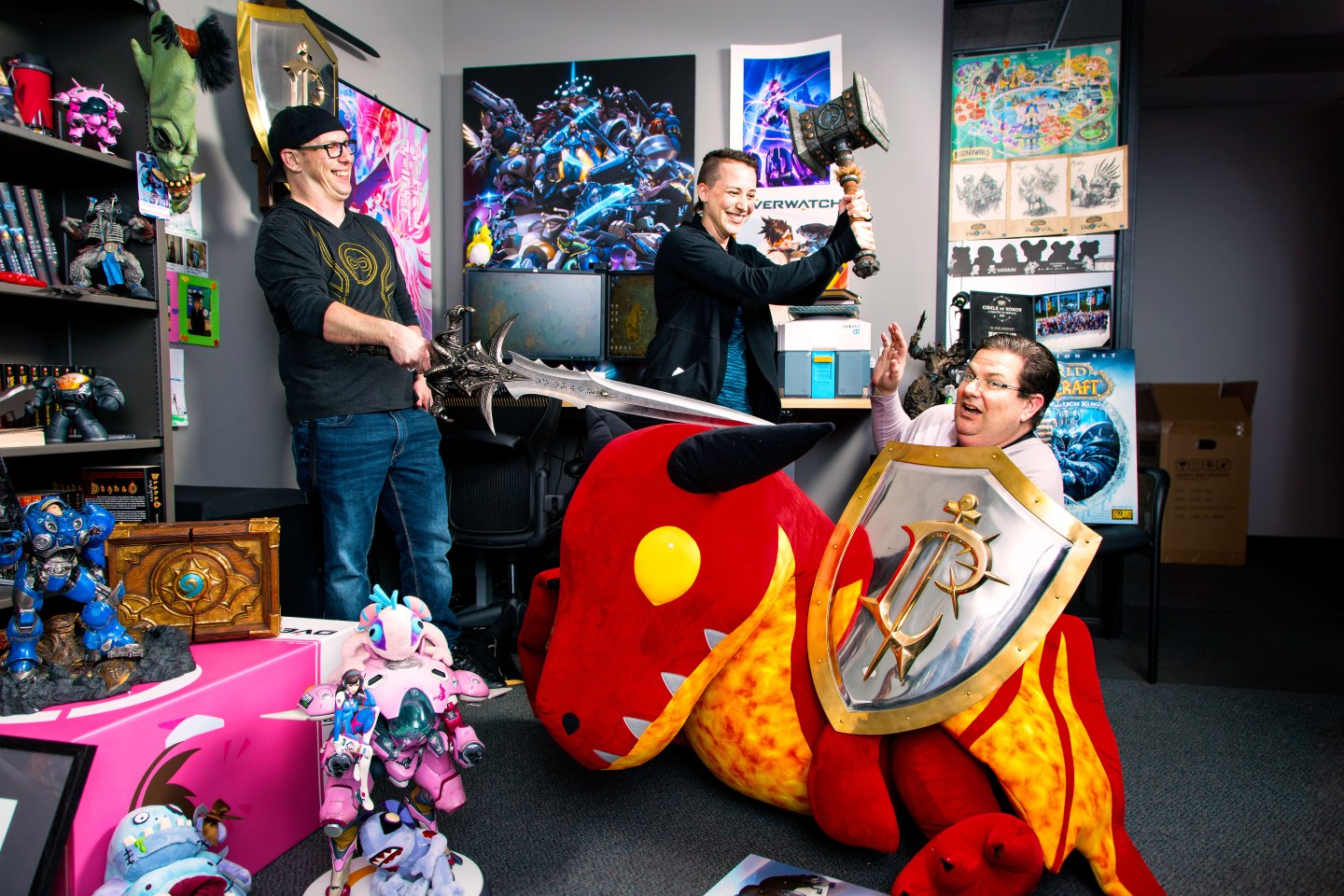 The Loremasters of Blizzard Entertainment goof off in their Irvine, Calif., lair.