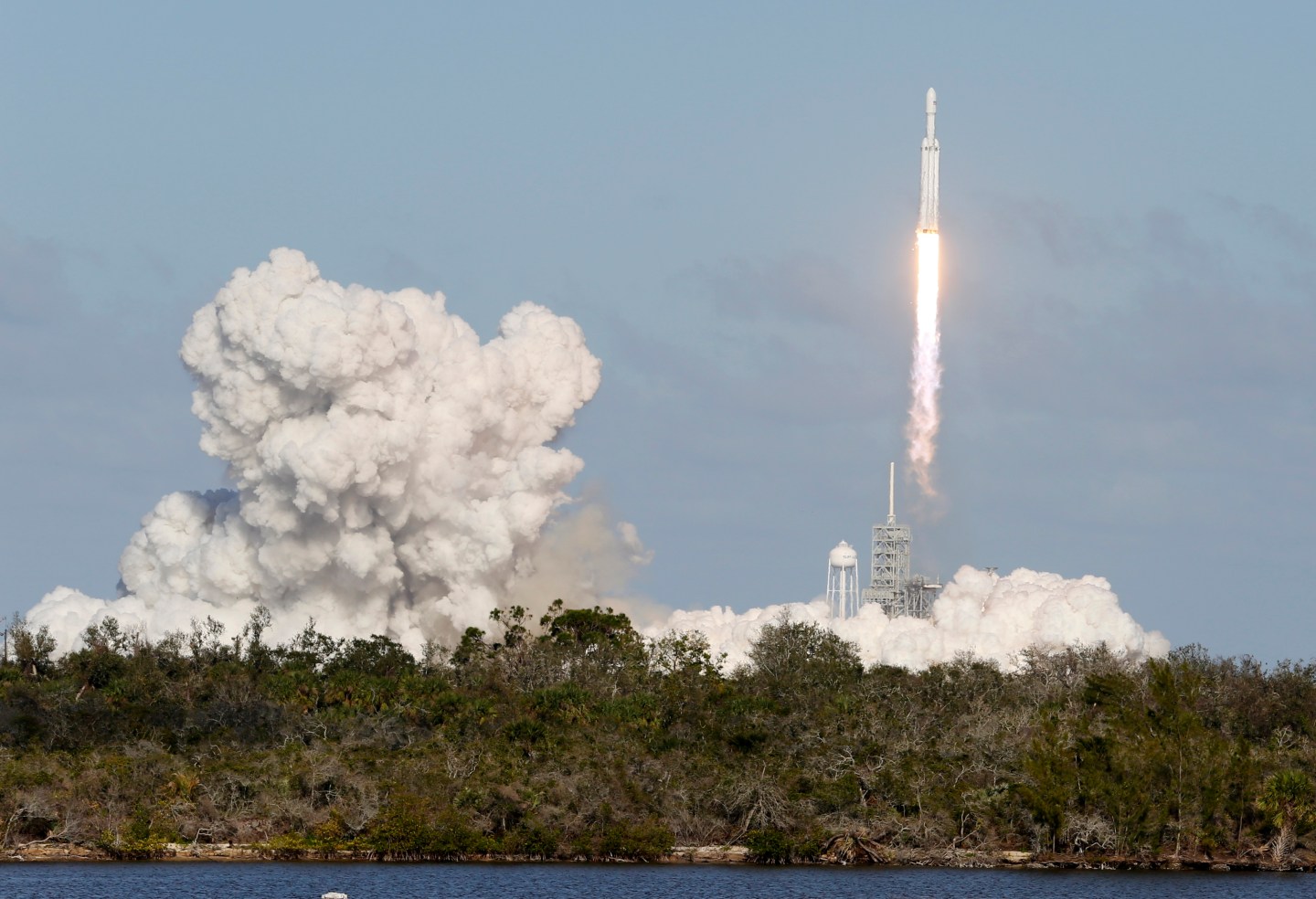 A SpaceX Falcon Heavy rocket lifts off from the Kennedy Space Center in Cape Canaveral