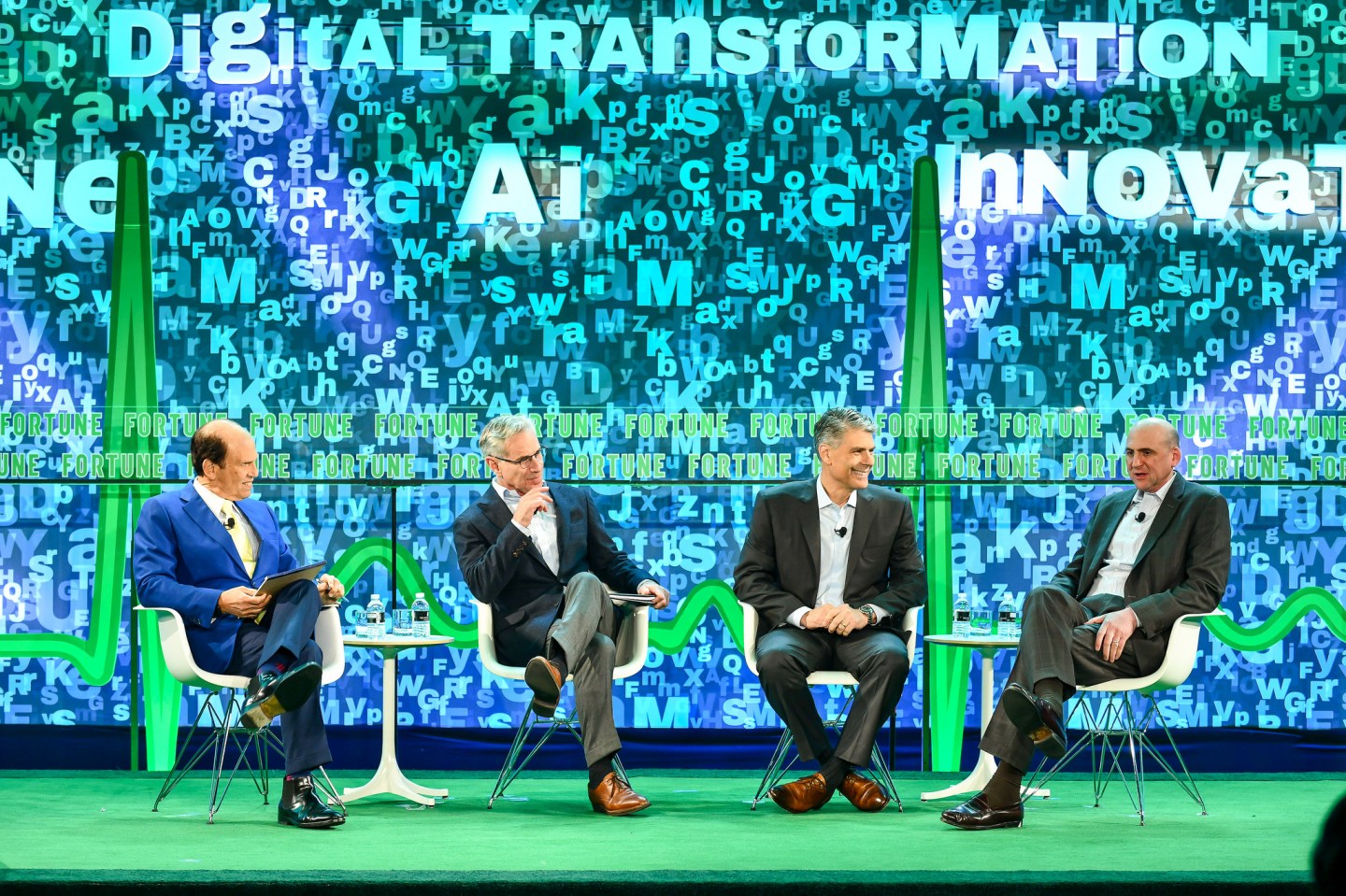Michael Milken of the Milken Institute, George Barrett of Cardinal Health, Joe Almeida of Baxter International, and Clifton Leaf of Fortune at the 2018 Fortune Brainstorm Health conference in Laguna Niguel, Calif.