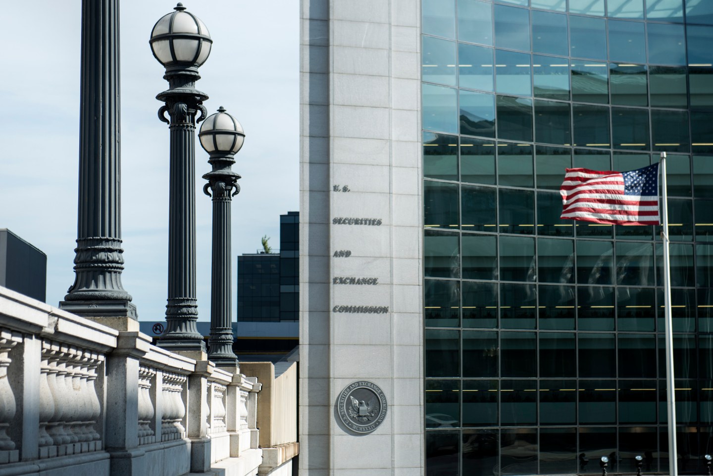 SEC headquarters in Washington D.C. with U.S. flag flying out front