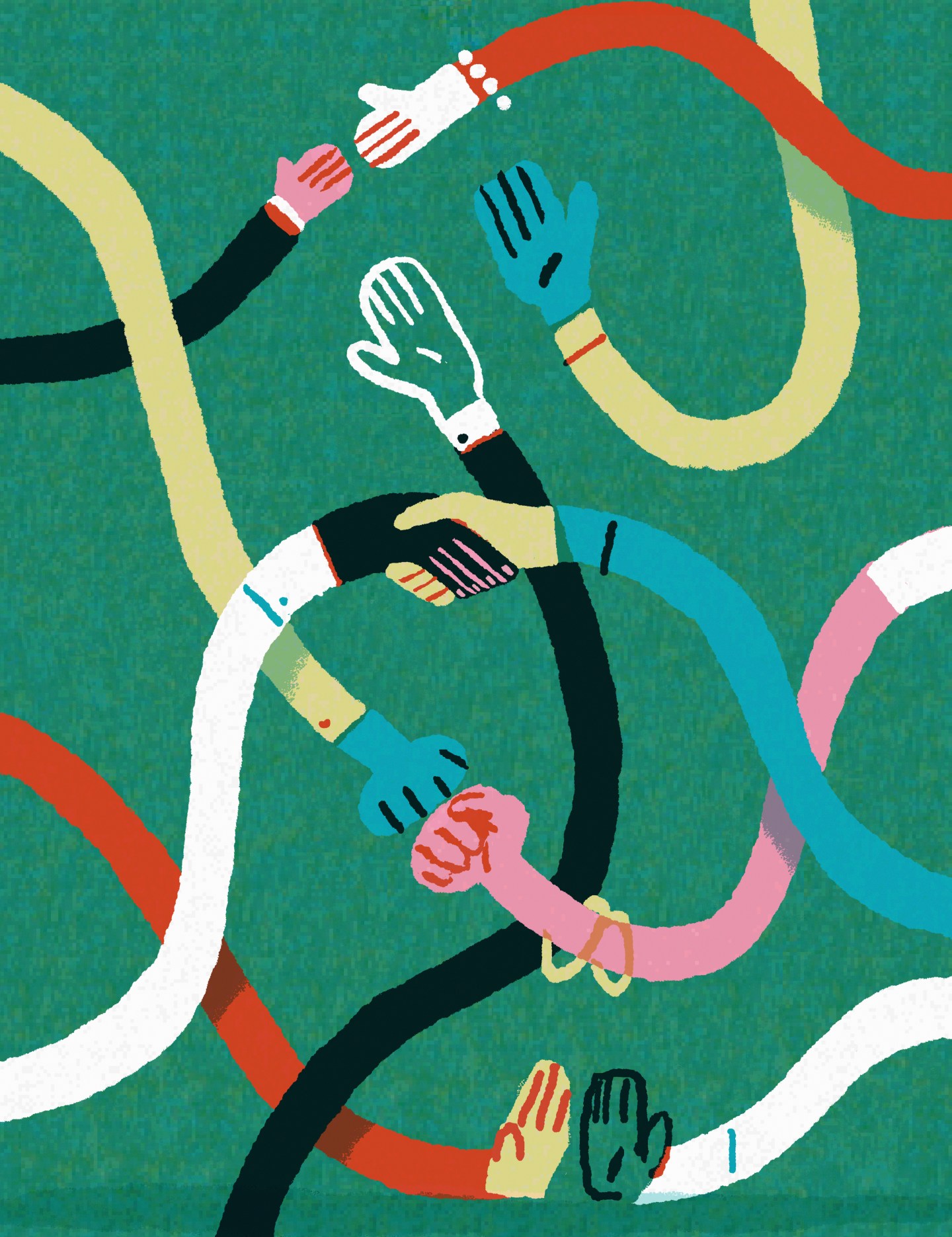 Lots of different colored arms meeting in different handshakes