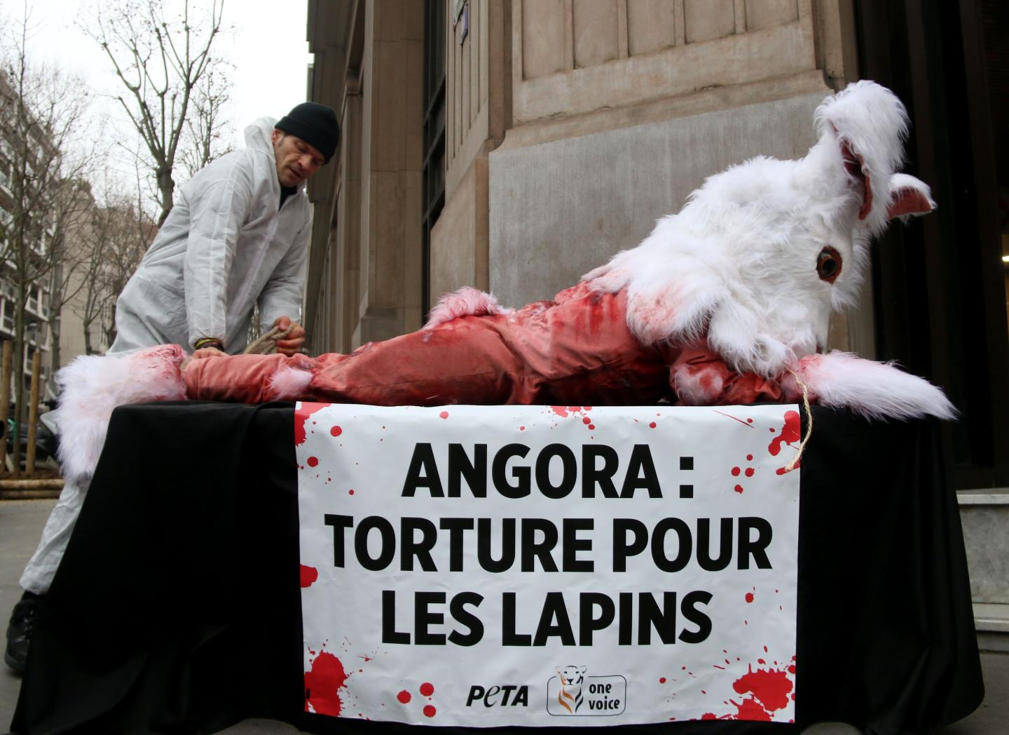 Activists from PETA display a banner that translates as "Angora: Torture for rabbits."