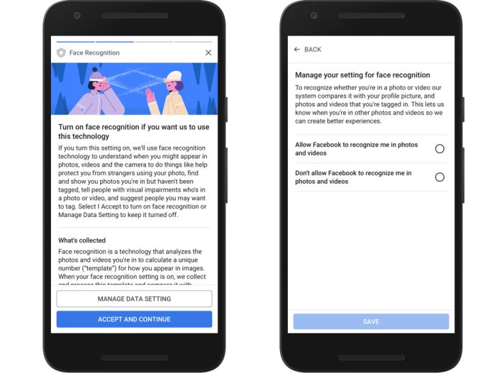 Facebook's facial recognition privacy settings.