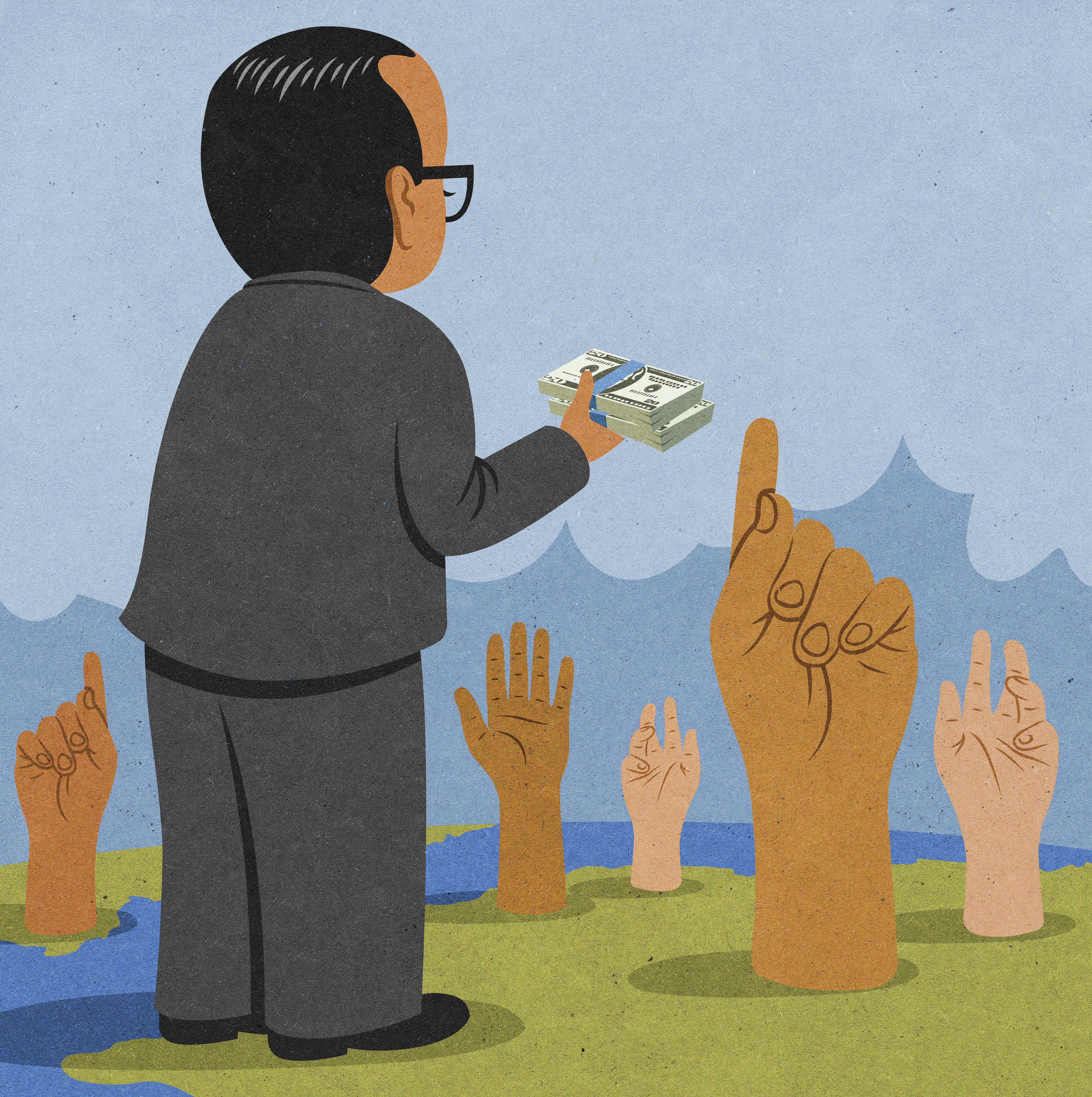 A man holds a stack of money and five large hands stretch up out of the ground in front of him, reaching for it