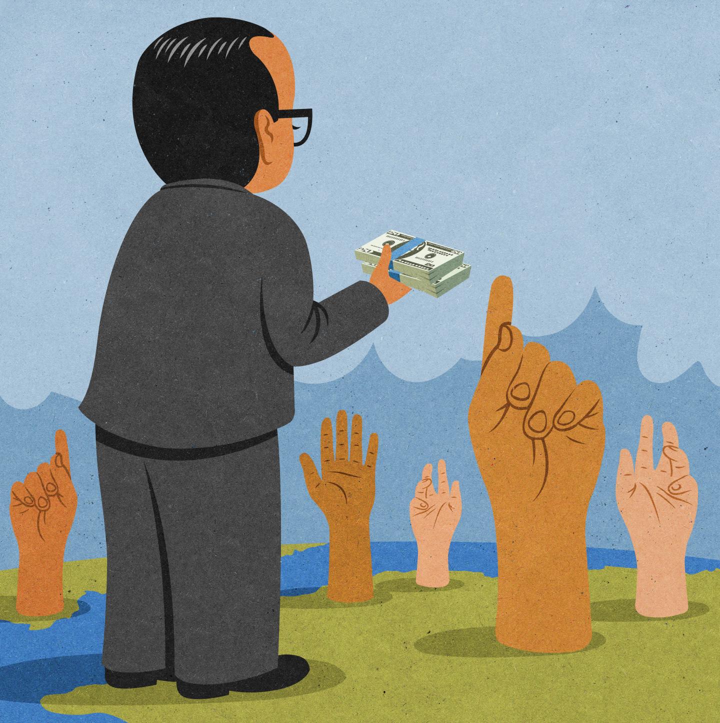 A man holds a stack of money and five large hands stretch up out of the ground in front of him, reaching for it