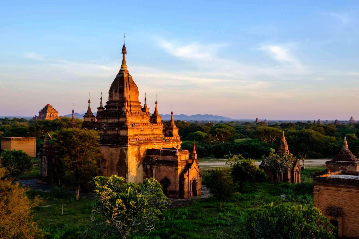 Pagodas of Bagan in the plains of the archaeological site at