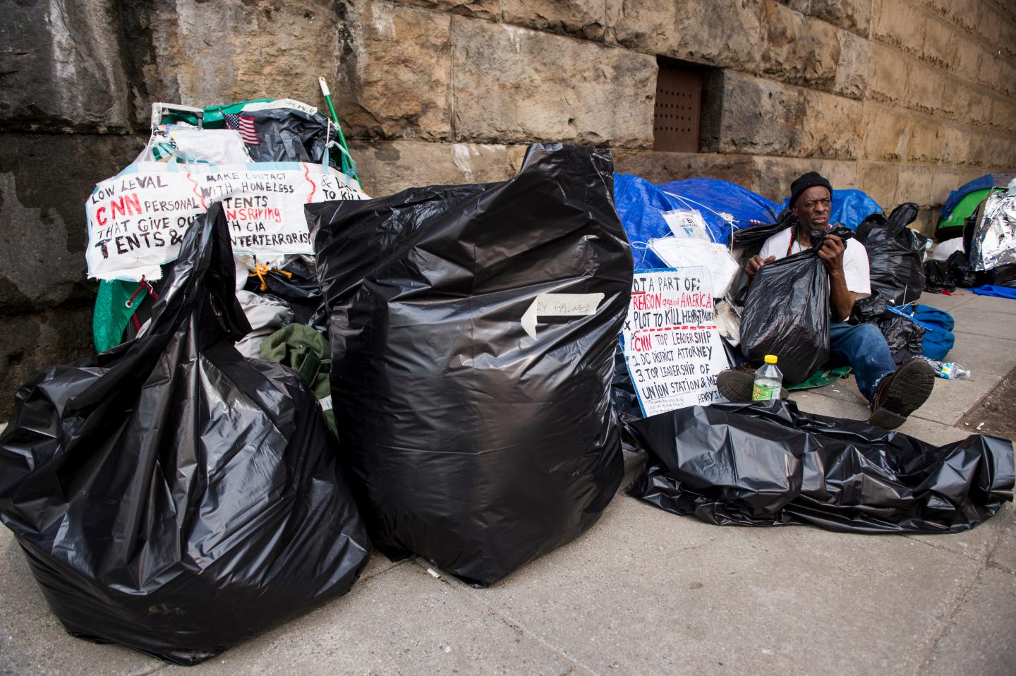 A homeless man living in one of the tents by Union Station in Washington, D.C.