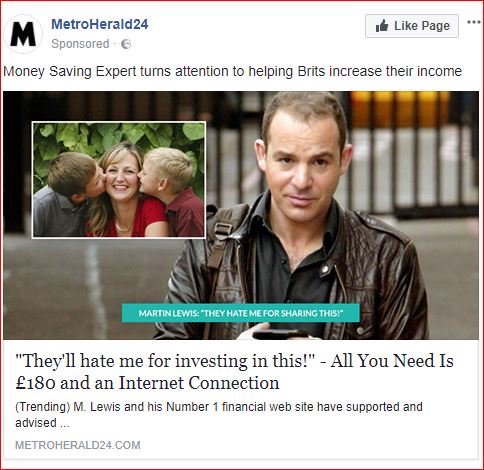 Fake ad on Facebook featuring finance expert Martin Lewis, without his permission.