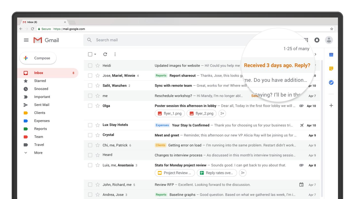 The "nudging" feature on the redesigned Gmail.