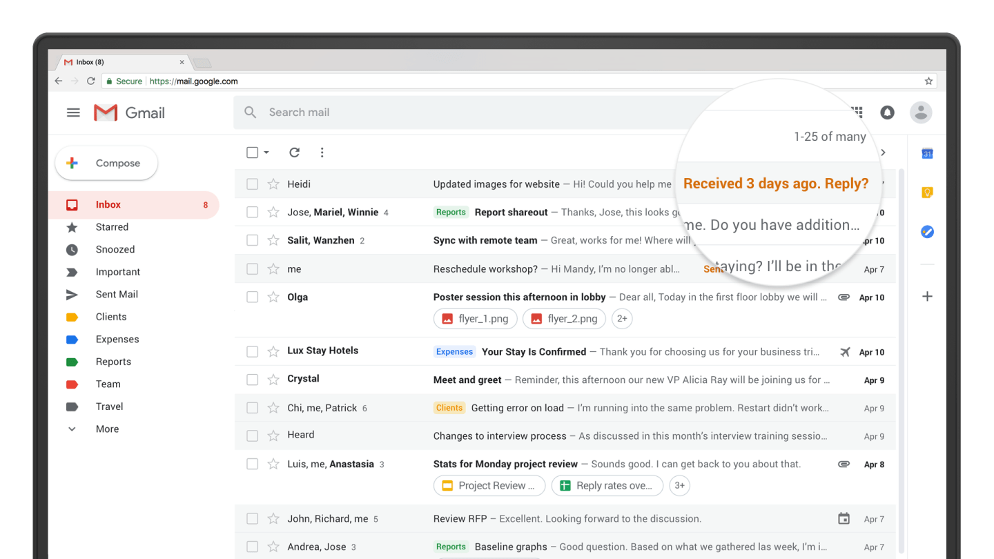 The "nudging" feature on the redesigned Gmail.
