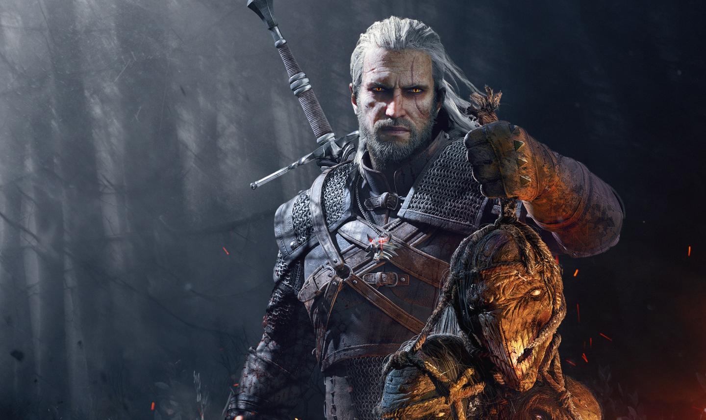 Geralt of Rivia of The Witcher Holding Trophies