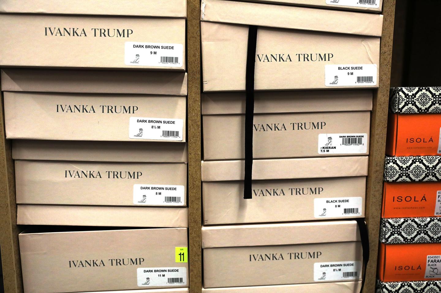 Ivanka Trump brand shoe boxes stacked in store display