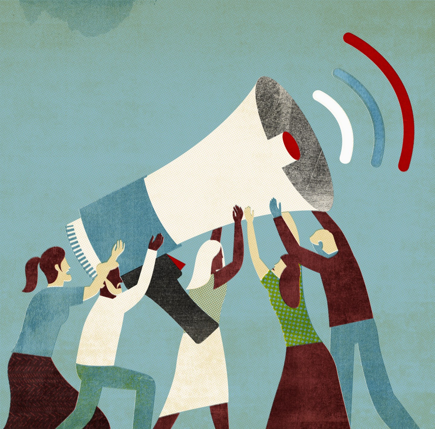 Group of people holding large megaphone for woman to make announcement