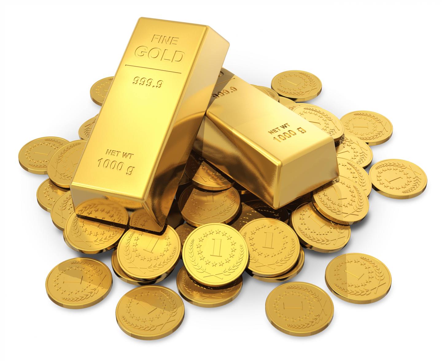 Pile of 24K gold ingots and coins