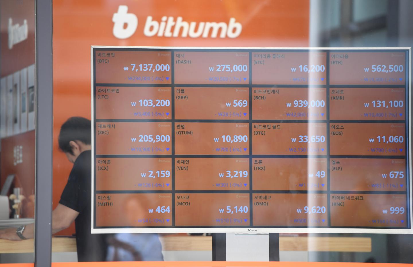 A man stands behind a screen showing exchange rates of cryptocurrencies in Seoul, South Korea.
