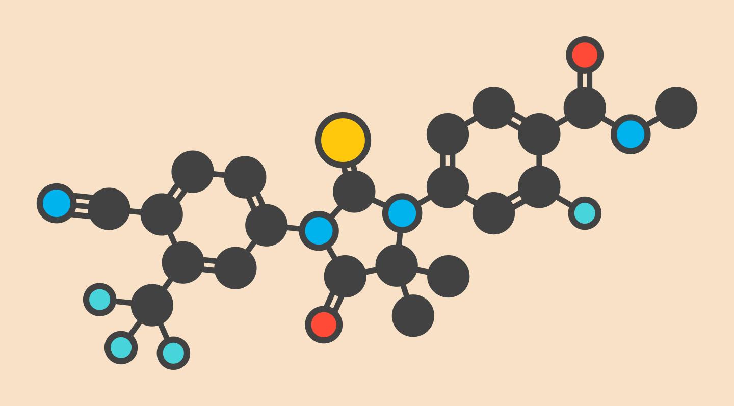 Enzalutamide prostate cancer drug molecule Stylized skeletal formula (chemical structure) Atoms are shown as color-coded