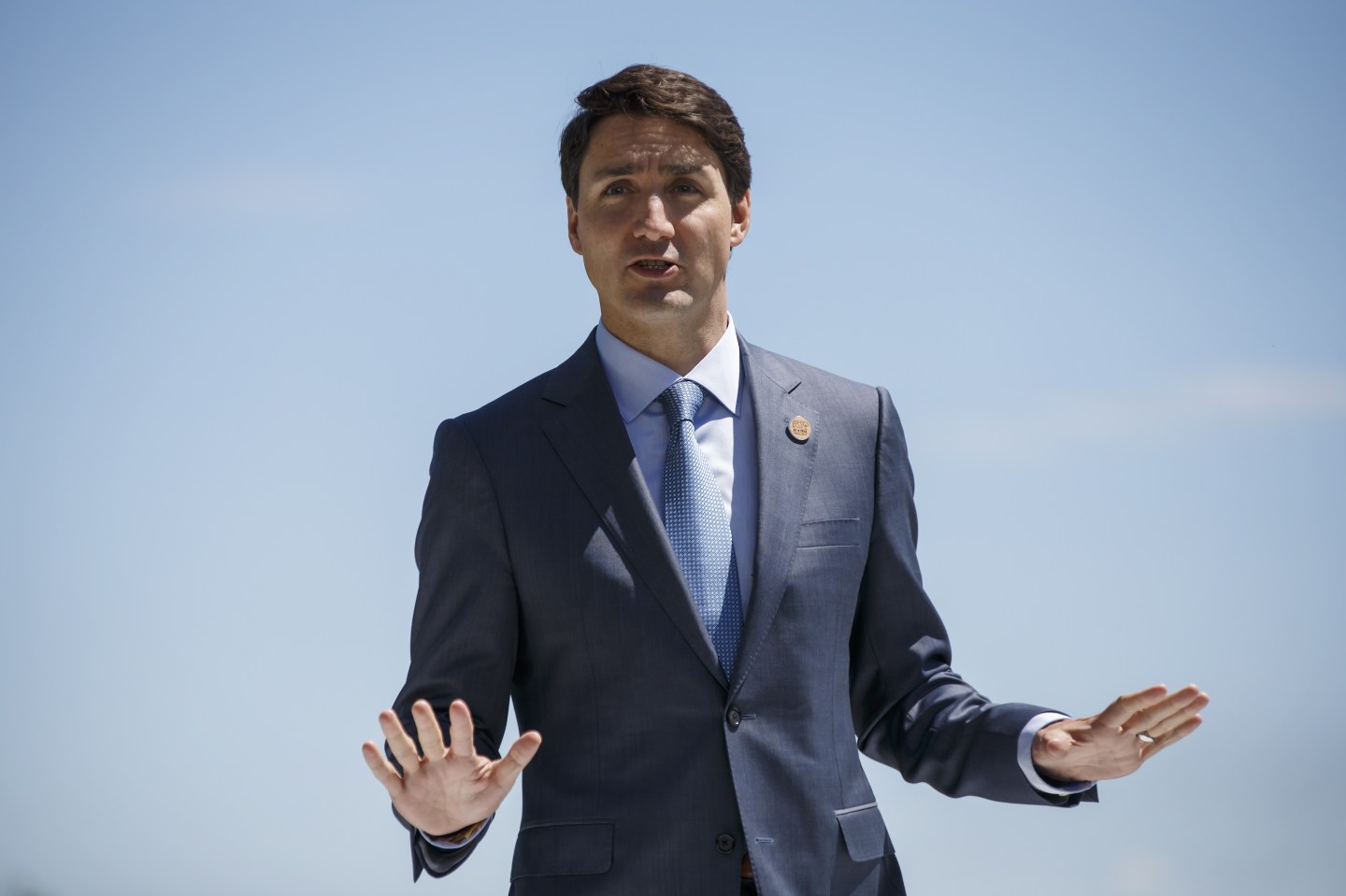 Canadian Prime Minister Justin Trudeau speaks at the G7 Summit in Quebec, Canada.