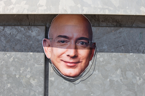 Mask of Jeff Bezos, owner of Amazon, seen during the strike