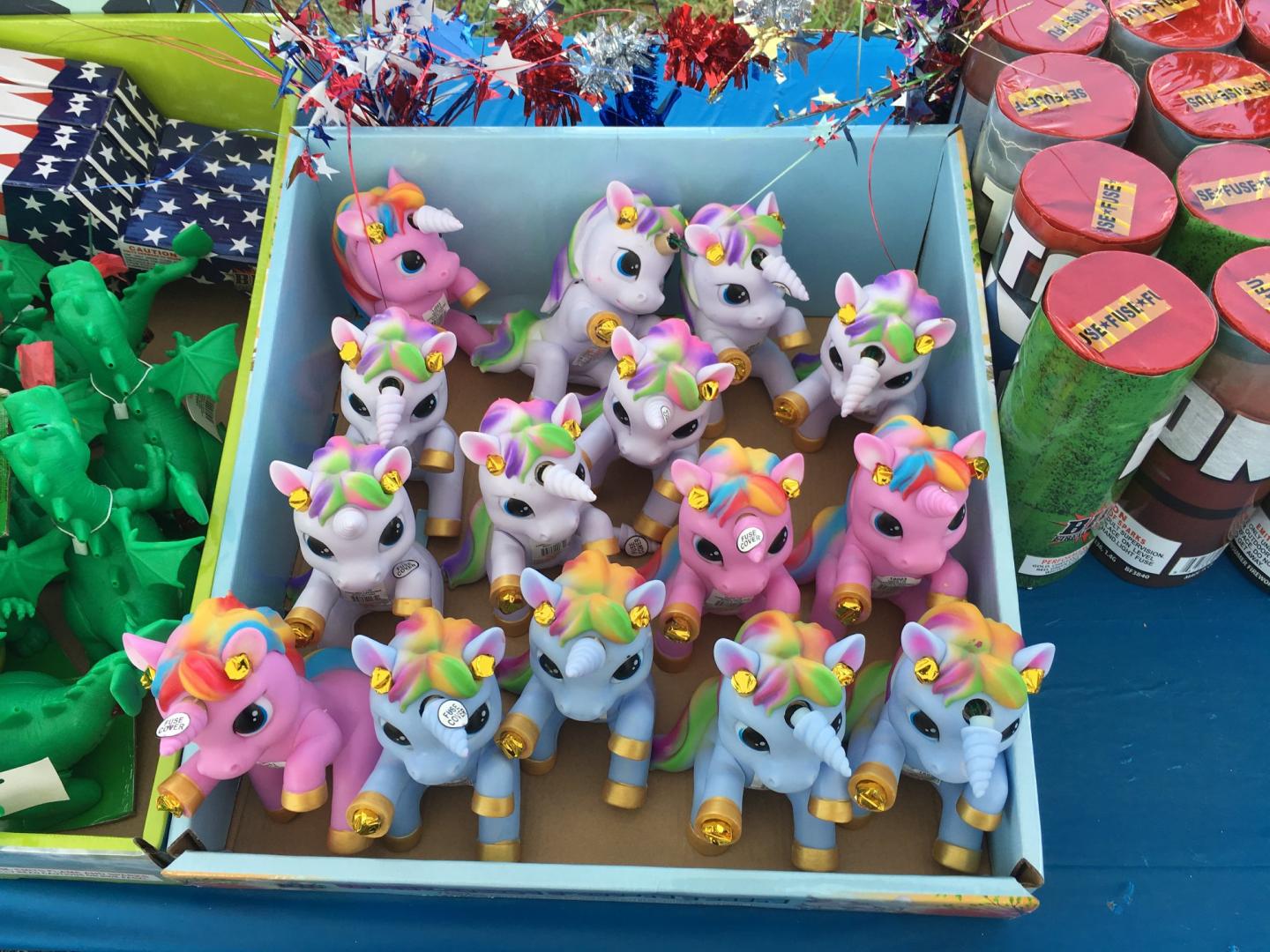 The fireworks can shoot flames out of their horns and tails.
