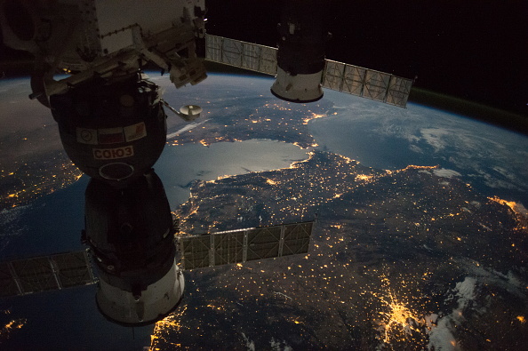 ISS view of the Strait of Gibraltar with a Russian Soyuz spacecraft and Progress spacecraft.