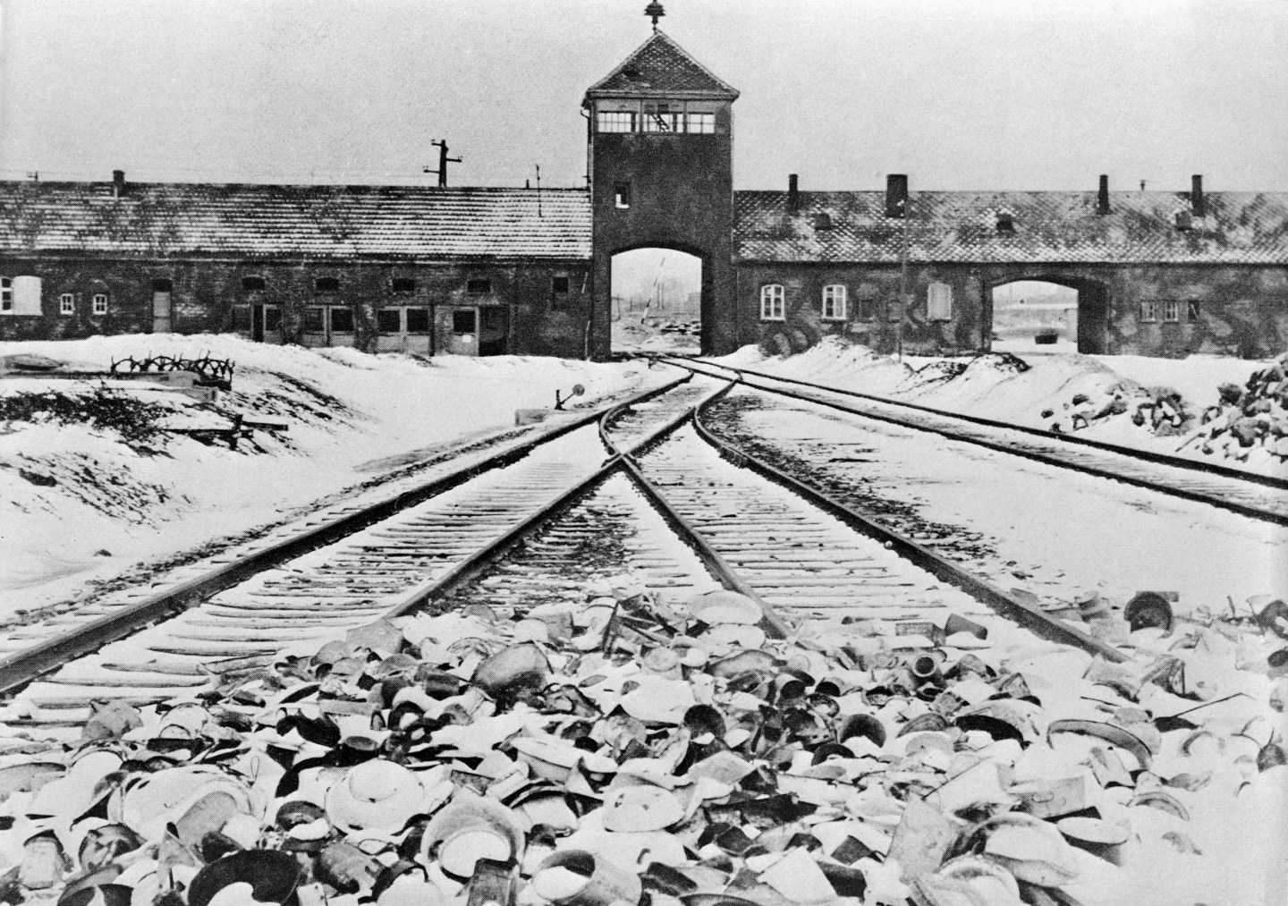 Entrance to the German concentration camp of Auschwitz-Birkenau in Poland.