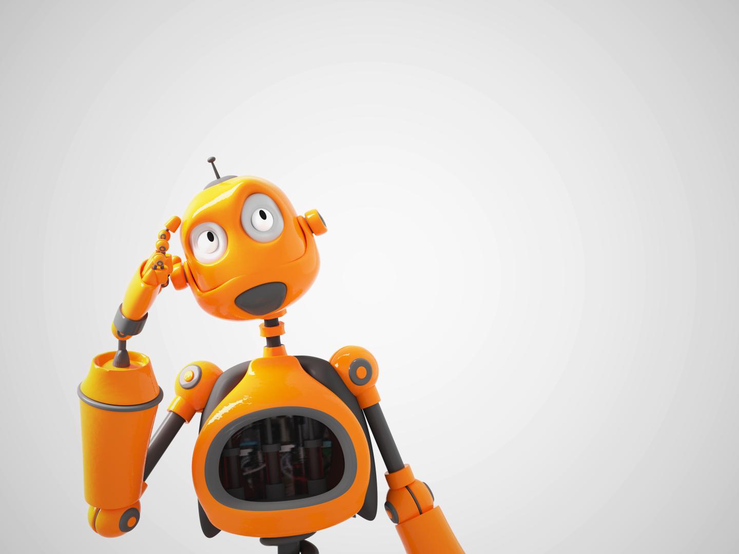 A yellow robot thinking.