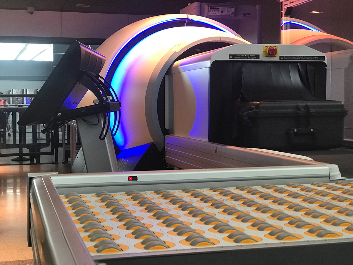 CT airport security scanning machine made by Analogic Corp. for American Airlines