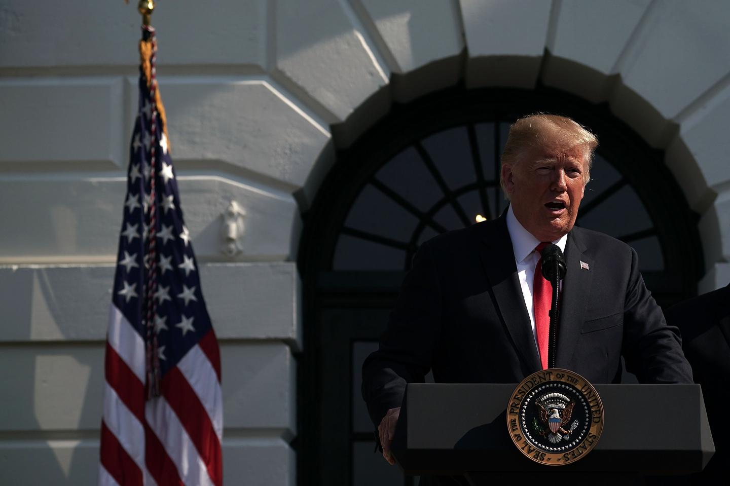 President Trump Gives Remarks On The Economy On The White House South Lawn