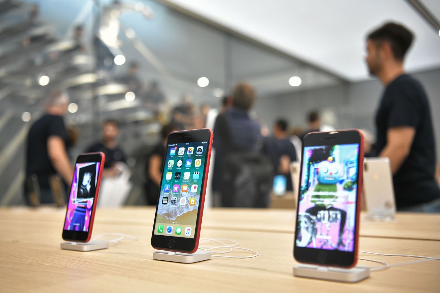 iphones on display at Apple's Milan store.