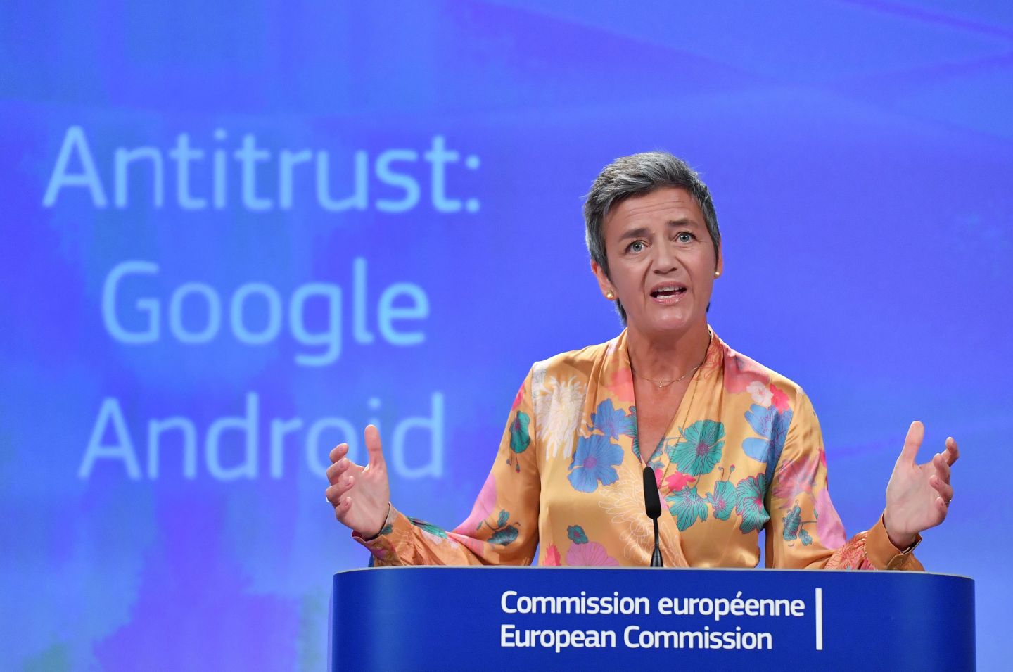 European Union Competition Commissioner Margrethe Vestager gives a joint press at the EU headquarters in Brussels on July 18, 2018.