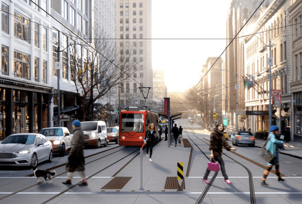 A rendering of a future streetcar station at 1st Ave. and Spring St. in downtown Seattle.