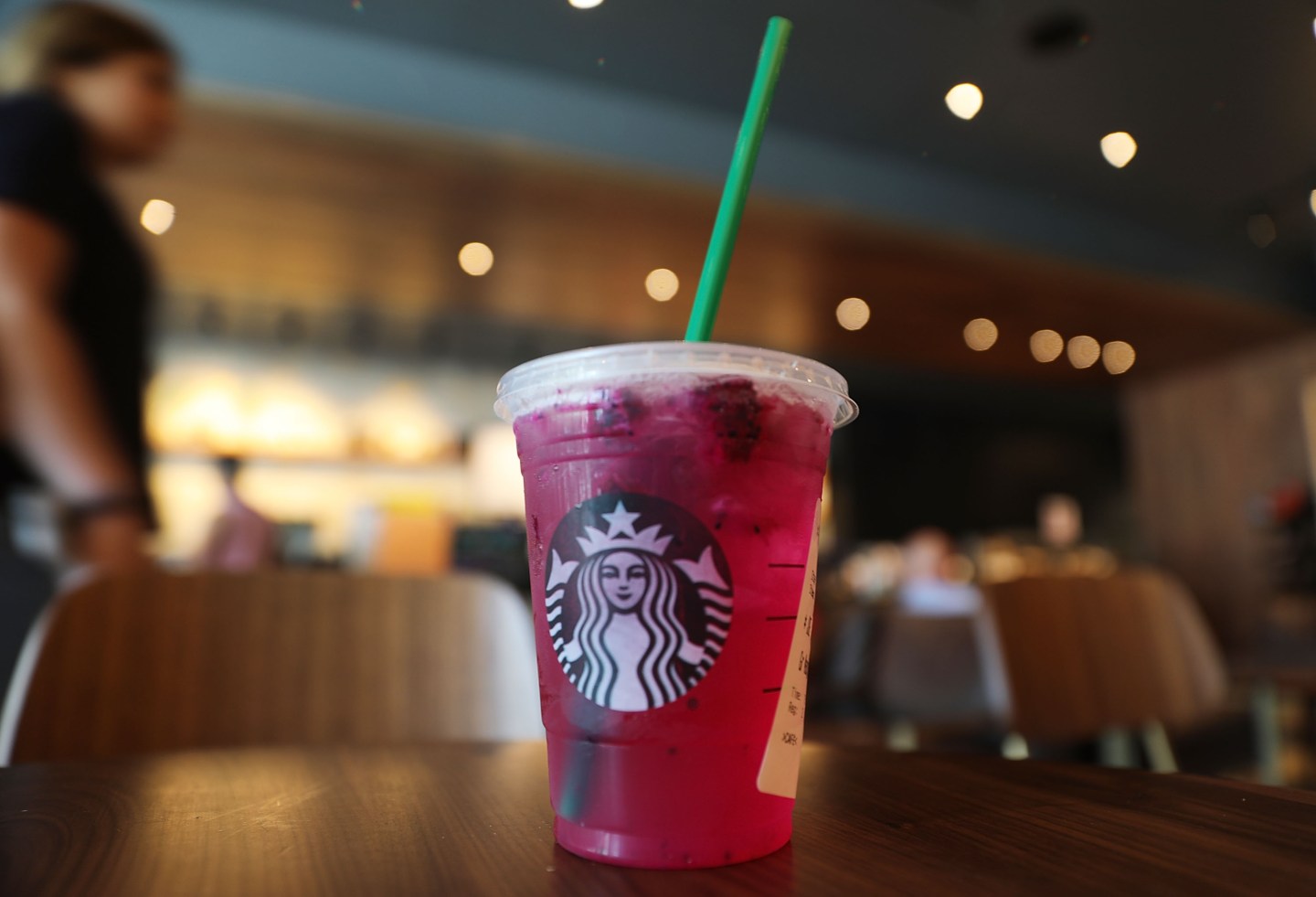 A plastic straw is seen in a Starbucks drink in Miami, Florida.