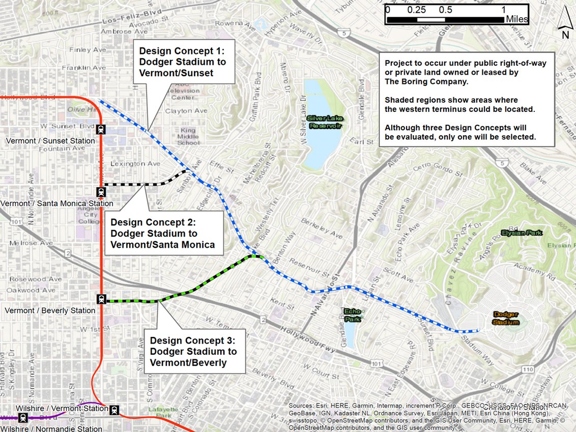 Three proposed routes for the Dugout Loop to Dodger Stadium in Los Angeles.