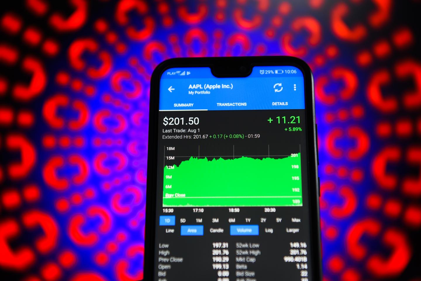 Apple Inc stock market value is seen on a mobile phone