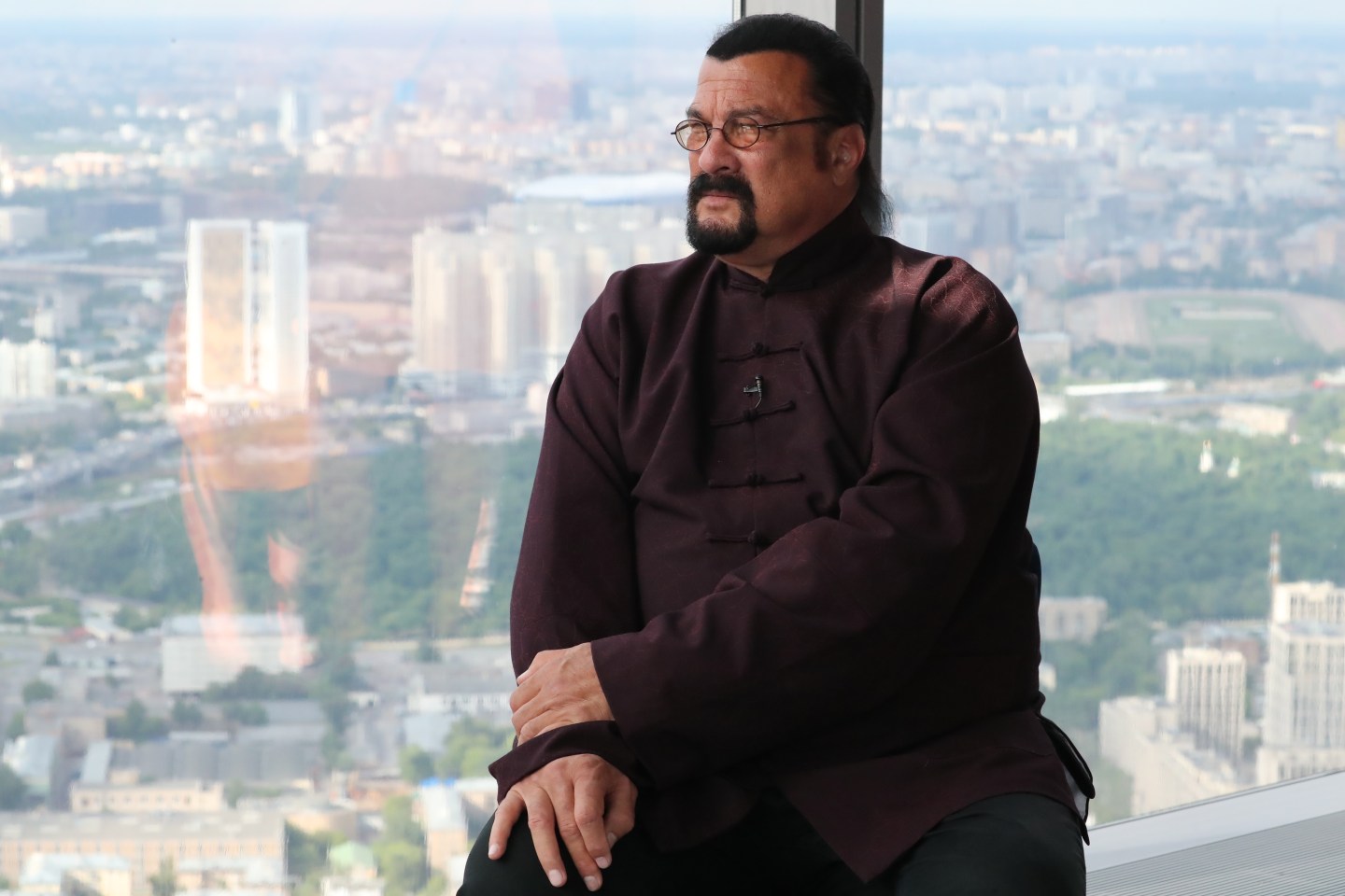 Hollywood actor Steven Seagal takes part in kickboxing session at Moscow's Panorama 360 observation deck