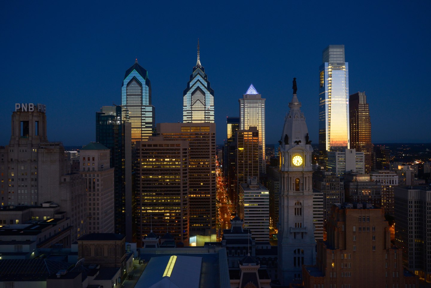 Skyline with skyscrapers at night, Philadelphia